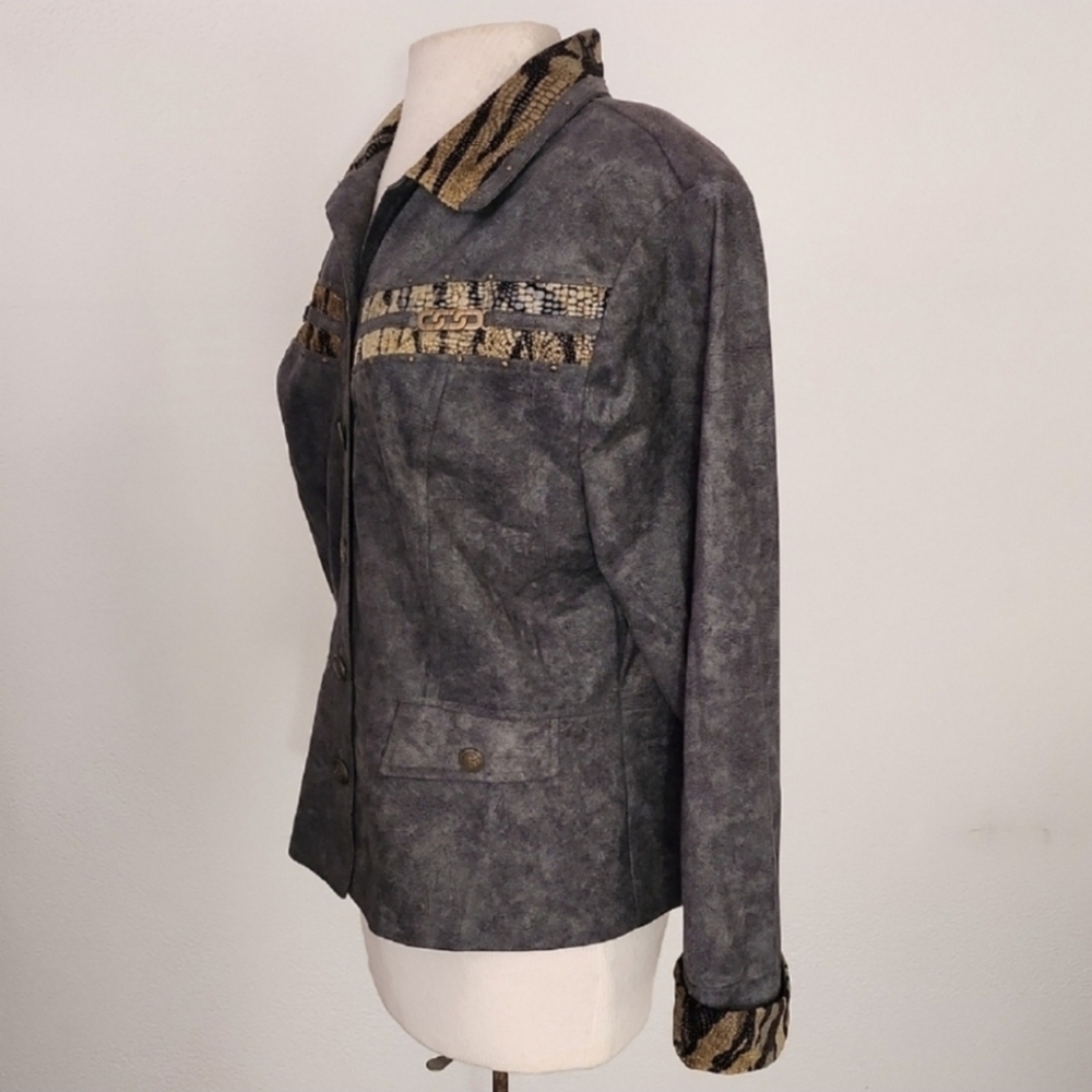 Nancy Bolen Jacket Faux Suede with Animal Print Accents Green Plus Size 14 - Picture 6 of 15